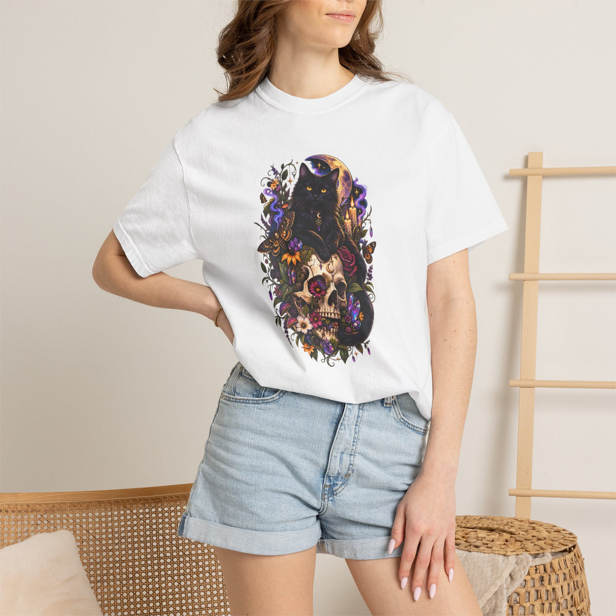 Skull & Black Cat Gothic T-Shirt — Dark Floral Day of the Dead Style