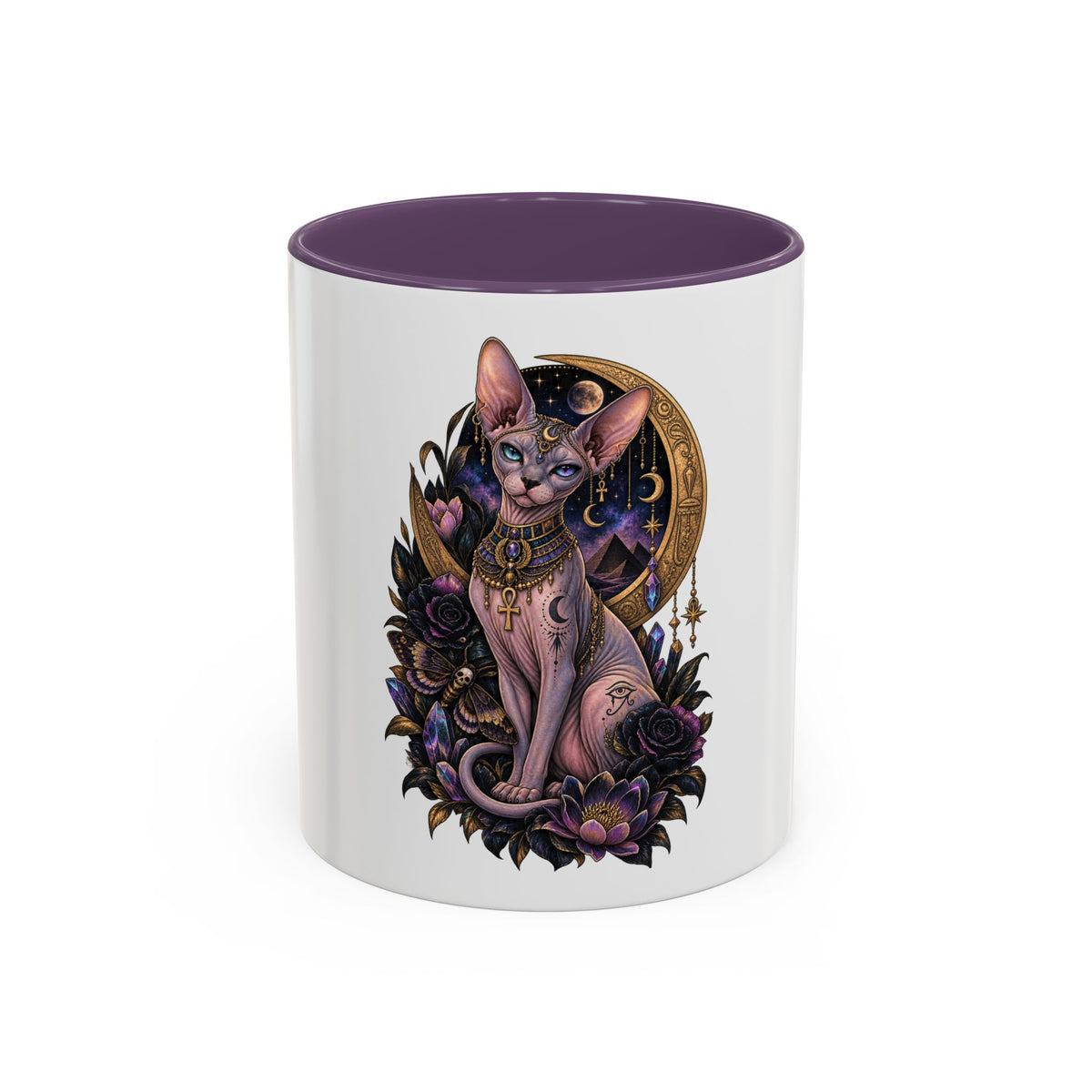 Mystic Sphynx Cat Coffee Mug — Magical Moon & Floral Accent (11/15 oz)