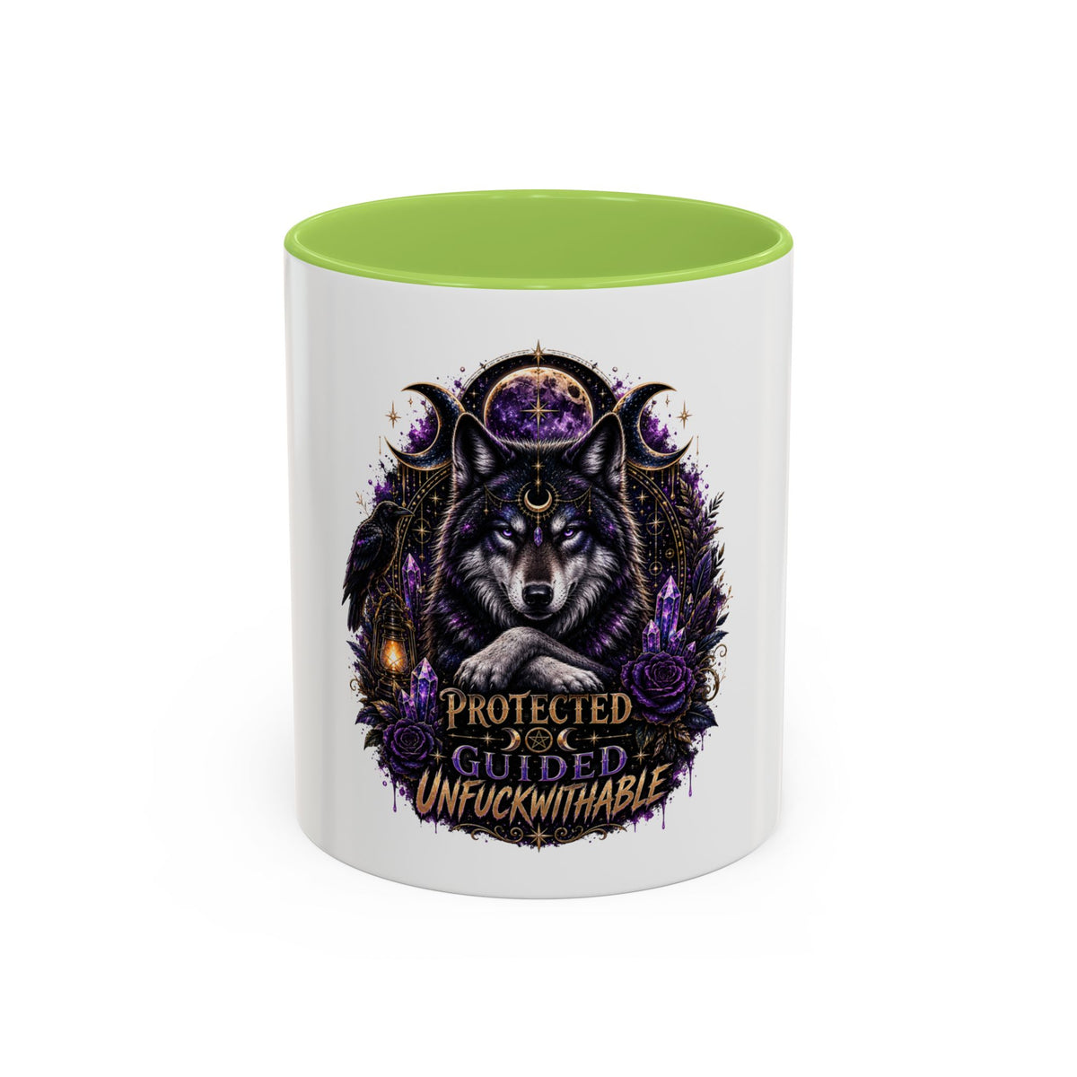 Protected, Guided & Unfuckwithable Wolf Coffee Mug — Spiritual Mystic Accent Mug (11/15oz)