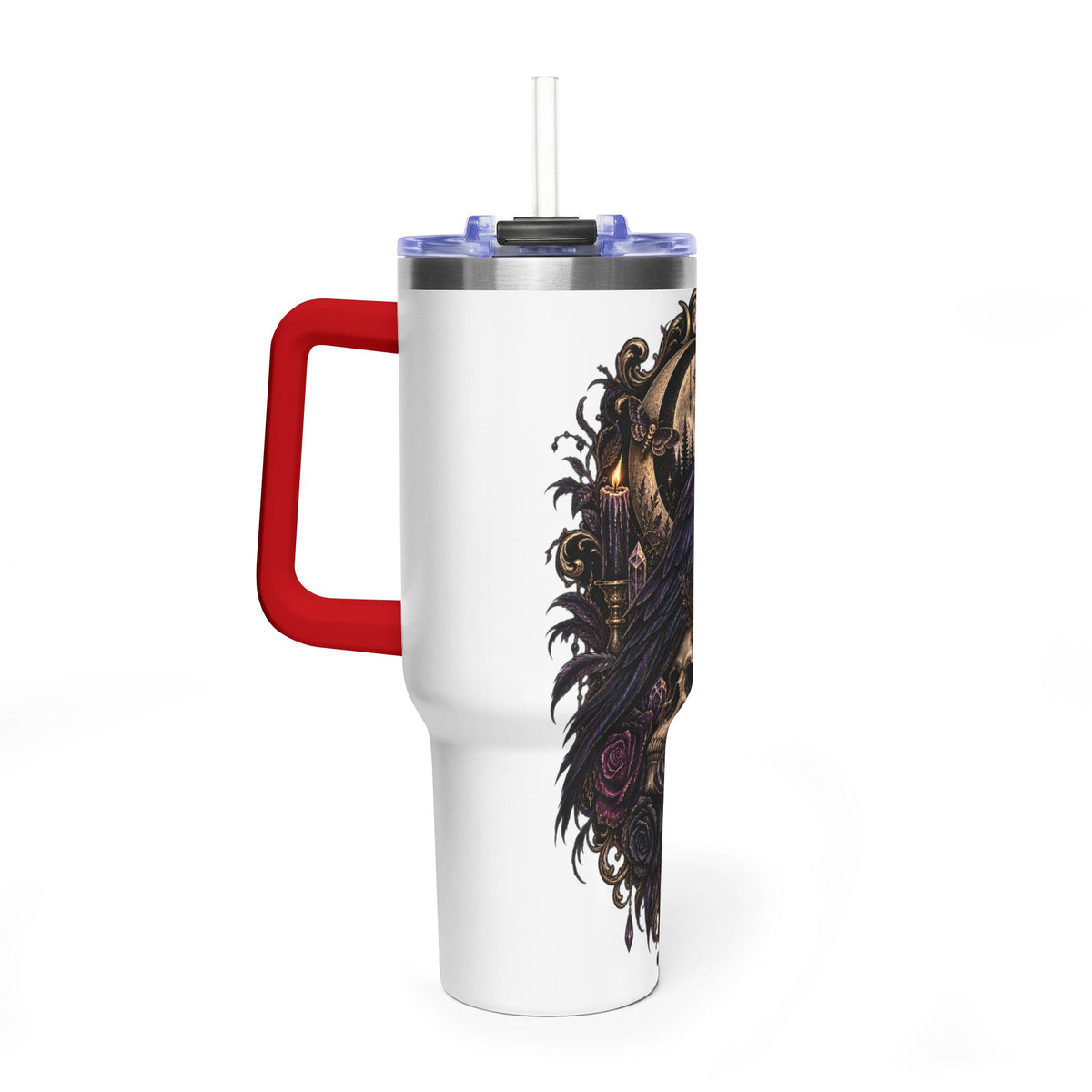 40oz Raven Skull Tumbler – Gothic Floral Vacuum Insulated Travel Mug