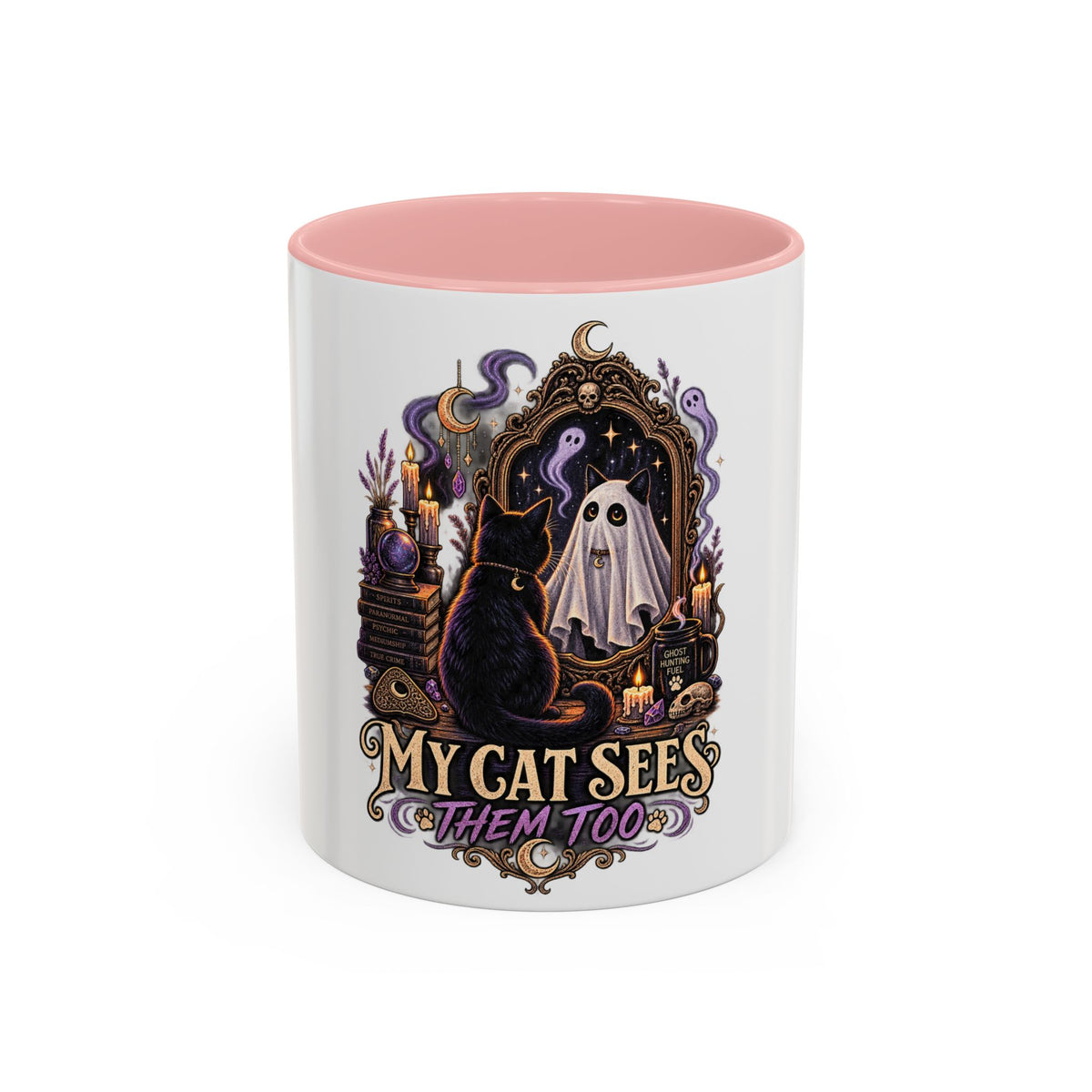 My Cat Sees Them Too Accent Coffee Mug – Halloween Cat & Ghost 11/15oz
