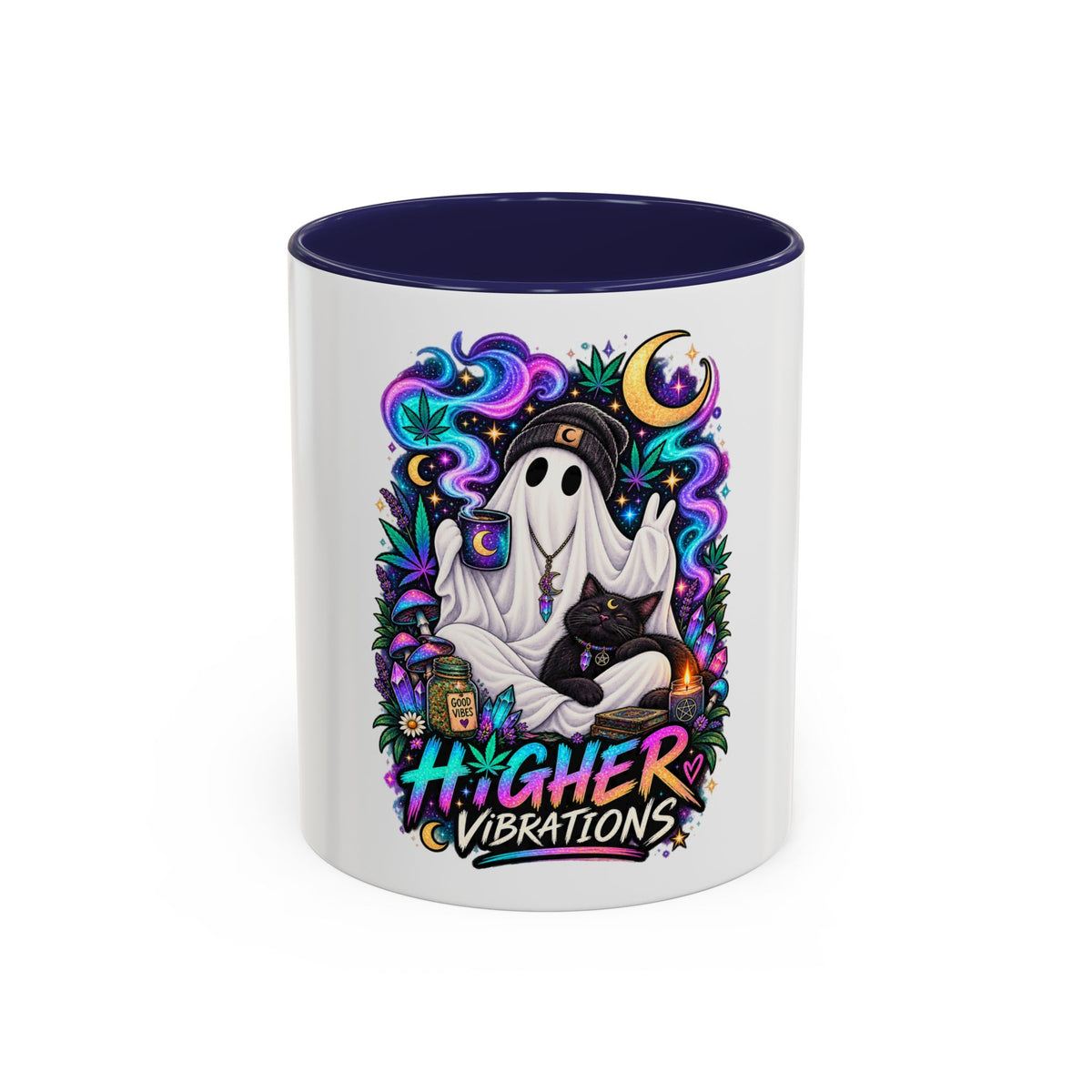Higher Vibrations Coffee Mug — Cute Ghost & Cat Accent Mug (11/15 oz)