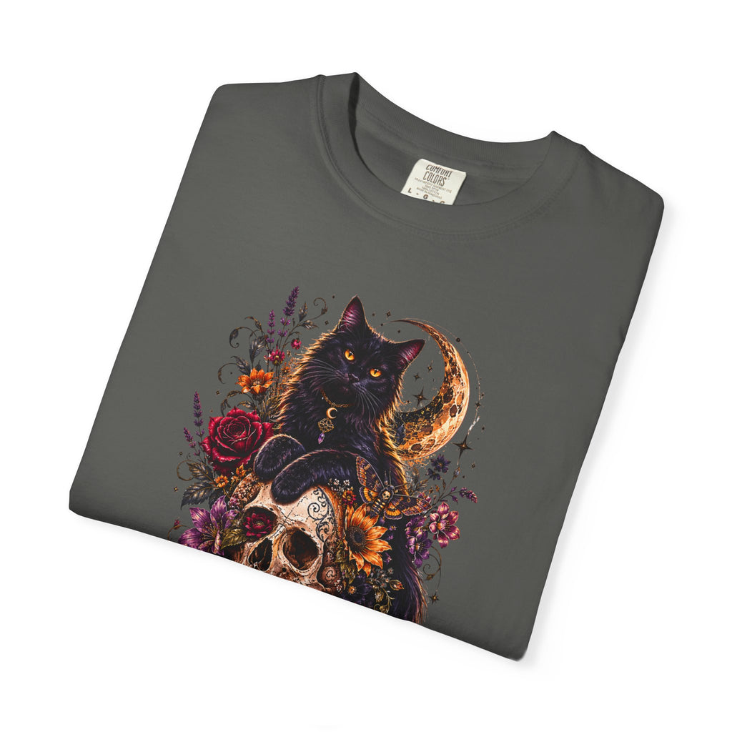 Cat & Skull Gothic T-Shirt — Black Cat Moon Floral Graphic Tee