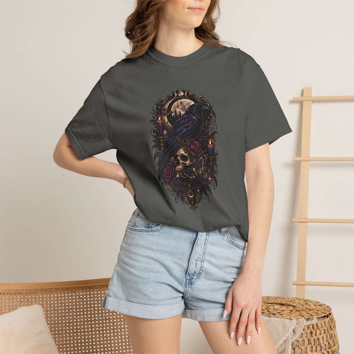 Skull & Crow Graphic Tee — Gothic Vintage Skull with Raven Design