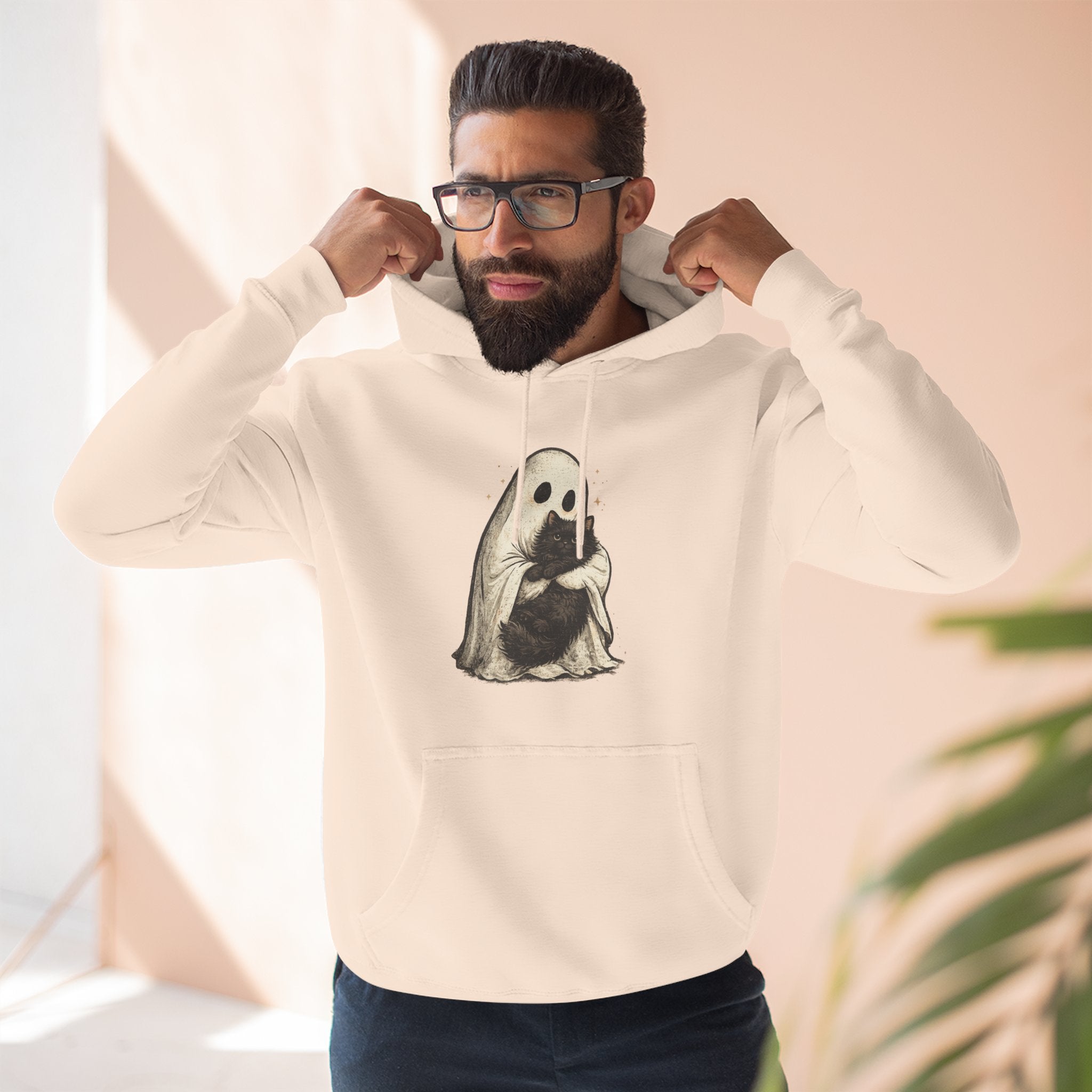 Ghost Hugging Black Cat Fleece Hoodie — Cute Ghost Hugging Black Cat Cozy Pullover