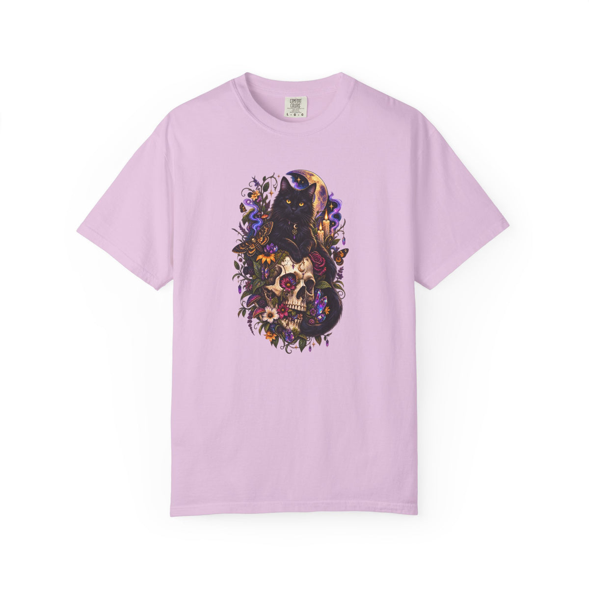 Skull & Black Cat Gothic T-Shirt — Dark Floral Day of the Dead Style