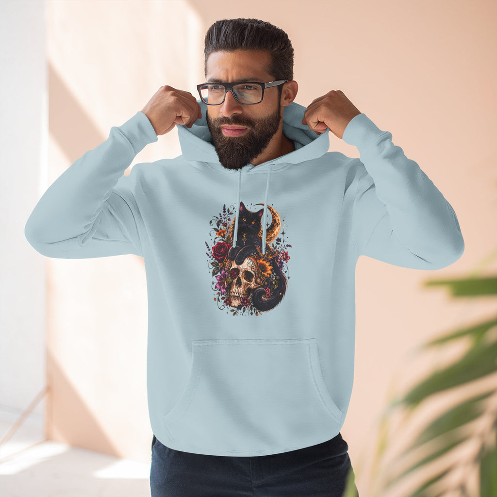 Skull & Cat Hoodie — Romantic Gothic Celestial Moon Graphic Fleece Pullover
