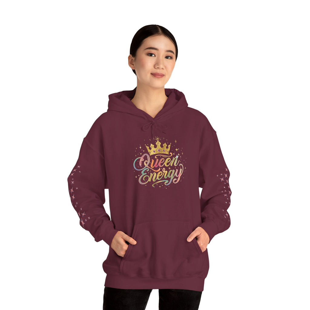 Queen Energy Hoodie — Feminine Crown Graphic Pullover with Star Sleeve Accents