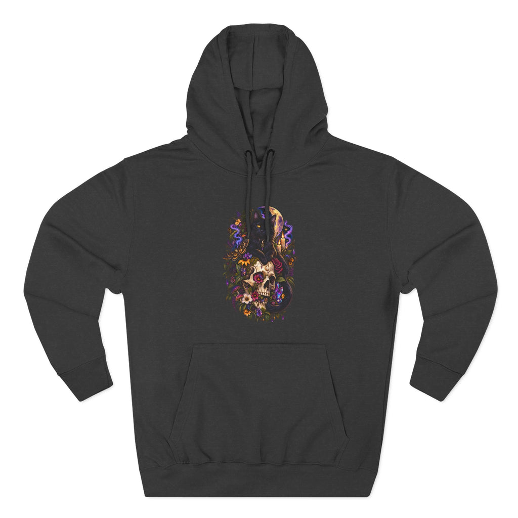 Skull Black Cat Hoodie — Romantic Gothic Floral Skull Graphic Fleece Pullover
