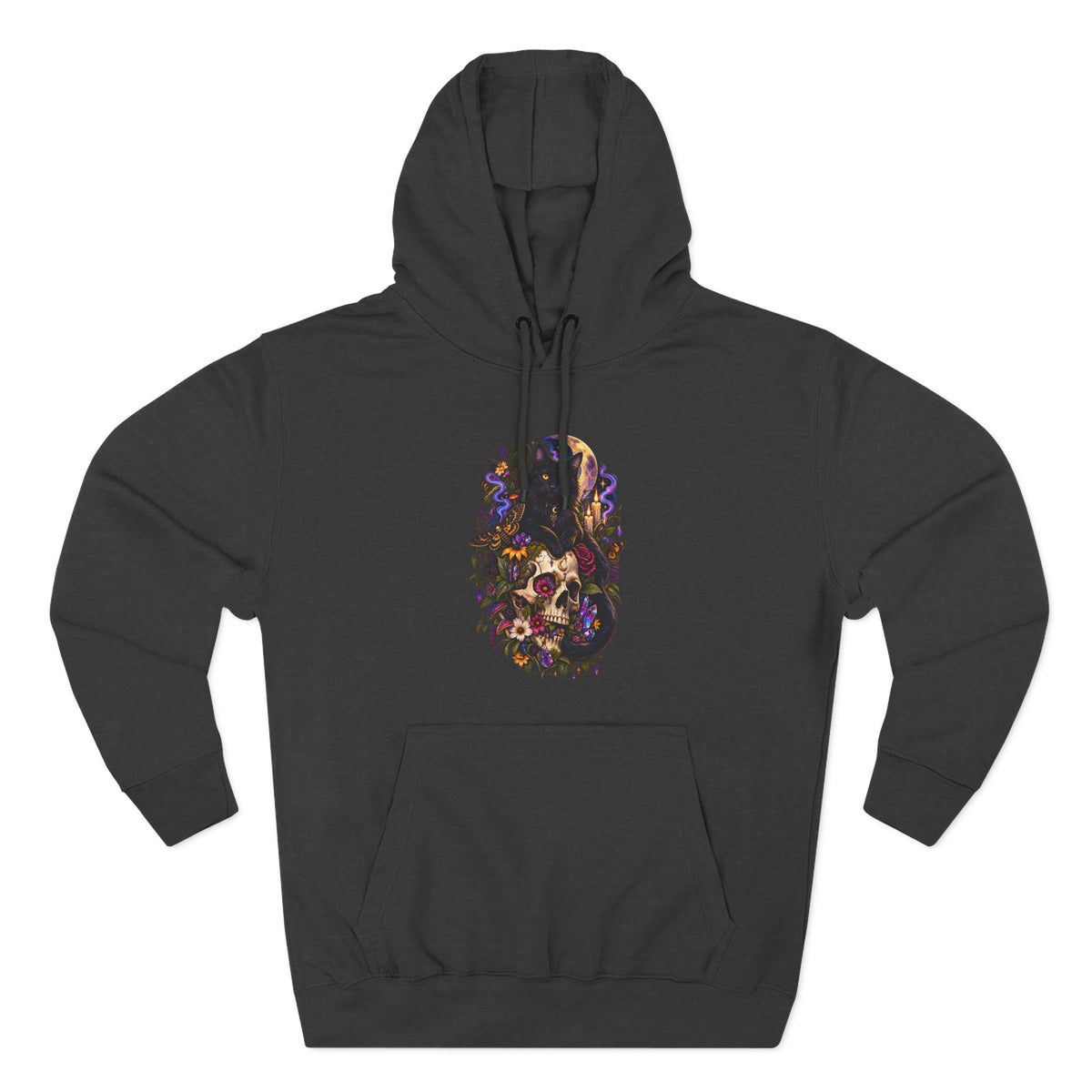 Skull Black Cat Hoodie — Romantic Gothic Floral Skull Graphic Fleece Pullover