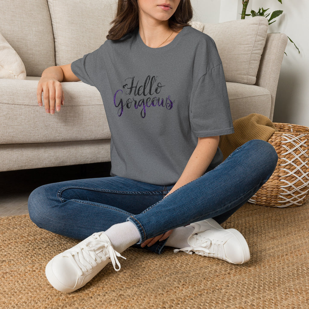 T-Shirt — "Hello Gorgeous" Purple Black Script Graphic Tee