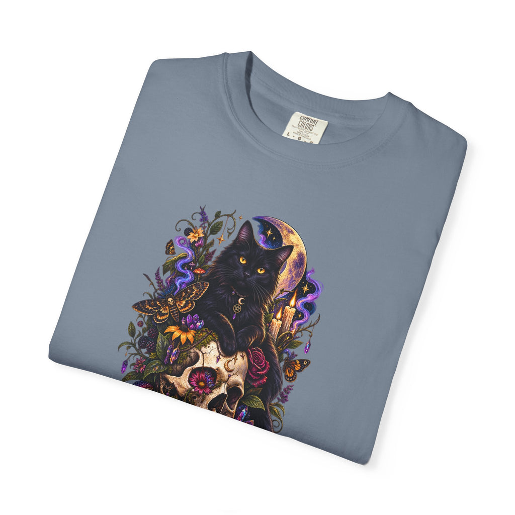 Skull & Black Cat Gothic T-Shirt — Dark Floral Day of the Dead Style