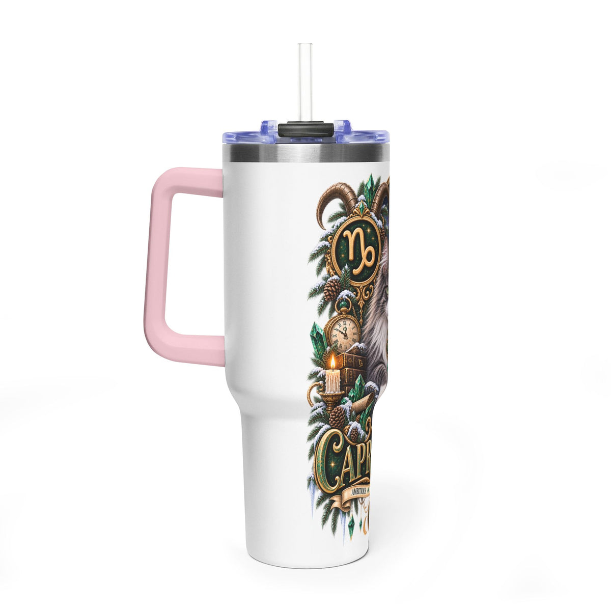 Capricorn Norwegian Forest Cat 40oz Vacuum Tumbler — Zodiac Travel Mug with Handle