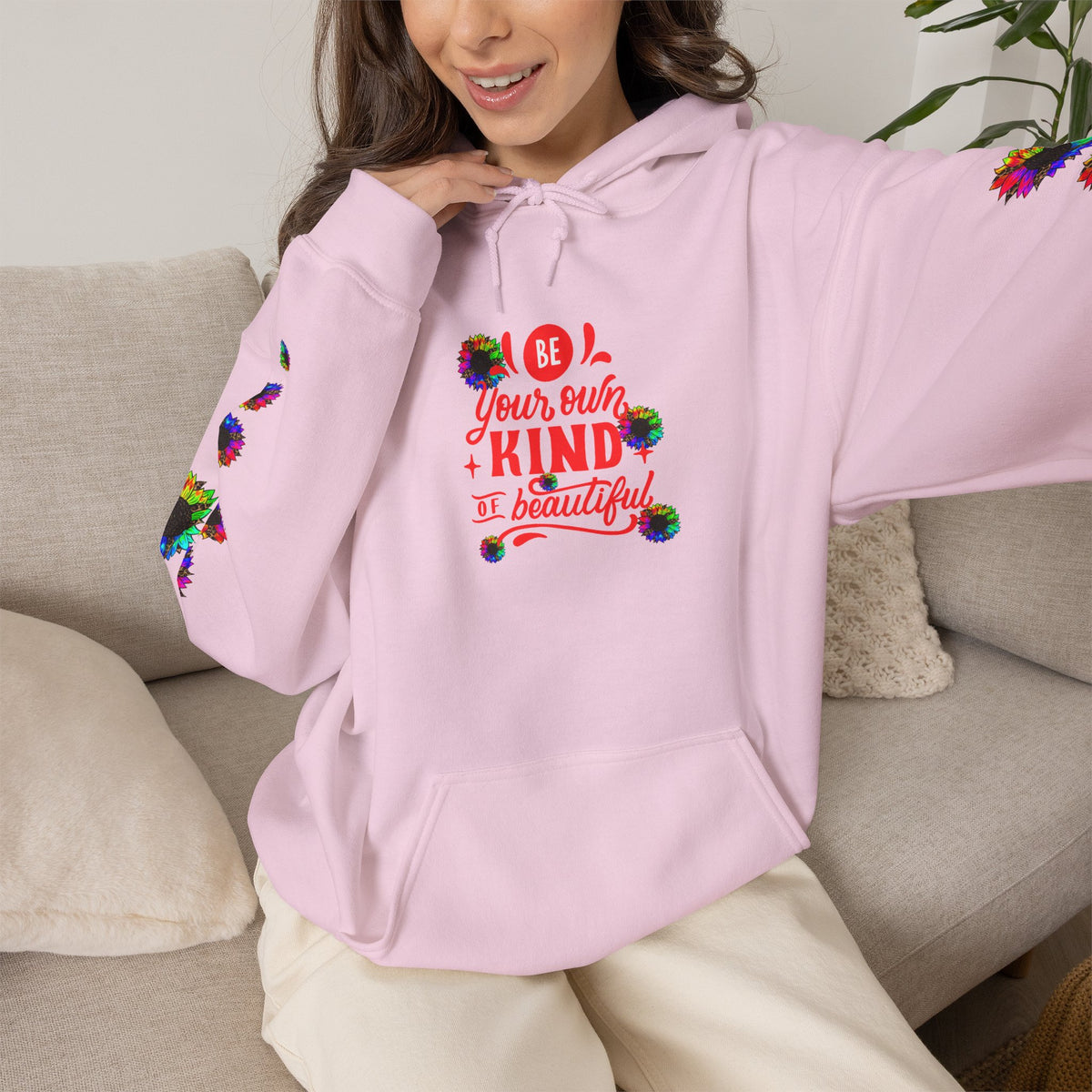 Inspirational Floral Hoodie – "Your Smile is Kind & Beautiful" Rainbow Sunflower Cozy Pullover