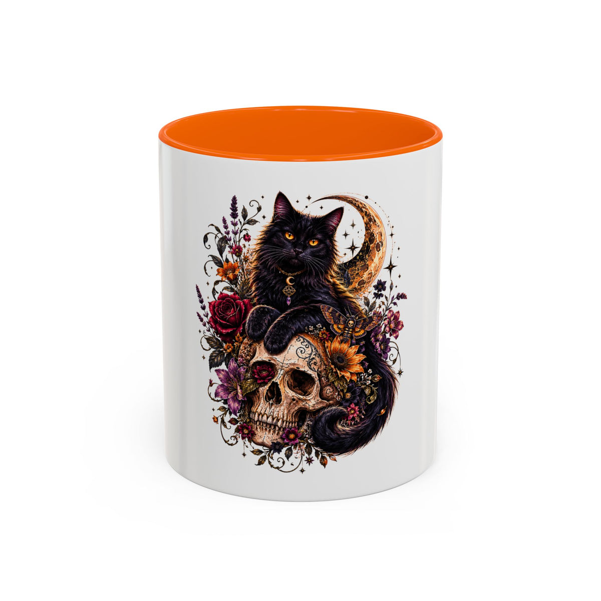 Cat & Skull Accent Coffee Mug — Gothic Black Cat Art Coffee Cup (11/15oz)