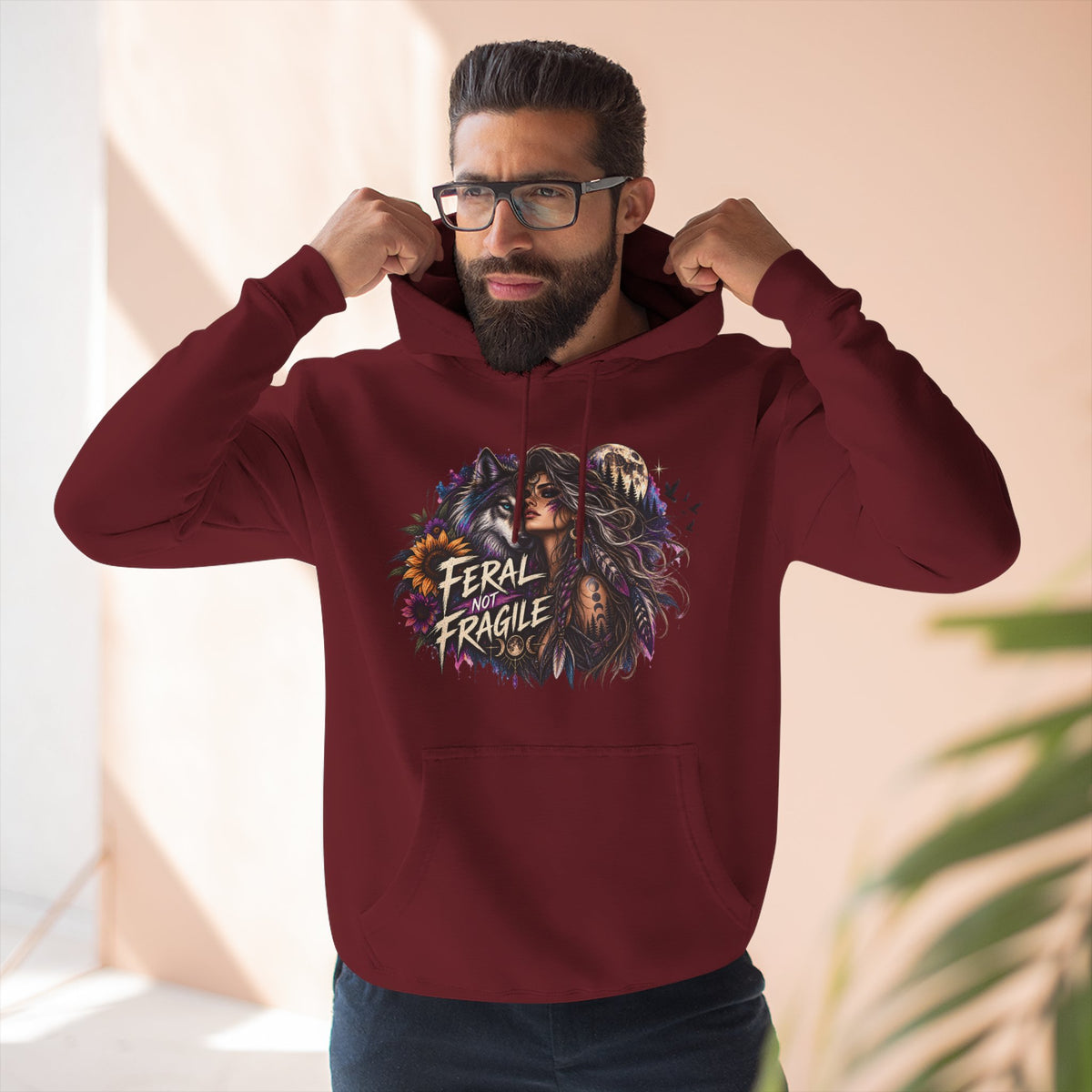 Feral Not Fragile Wolf & Woman Graphic Hoodie — Wildlife Fleece Pullover