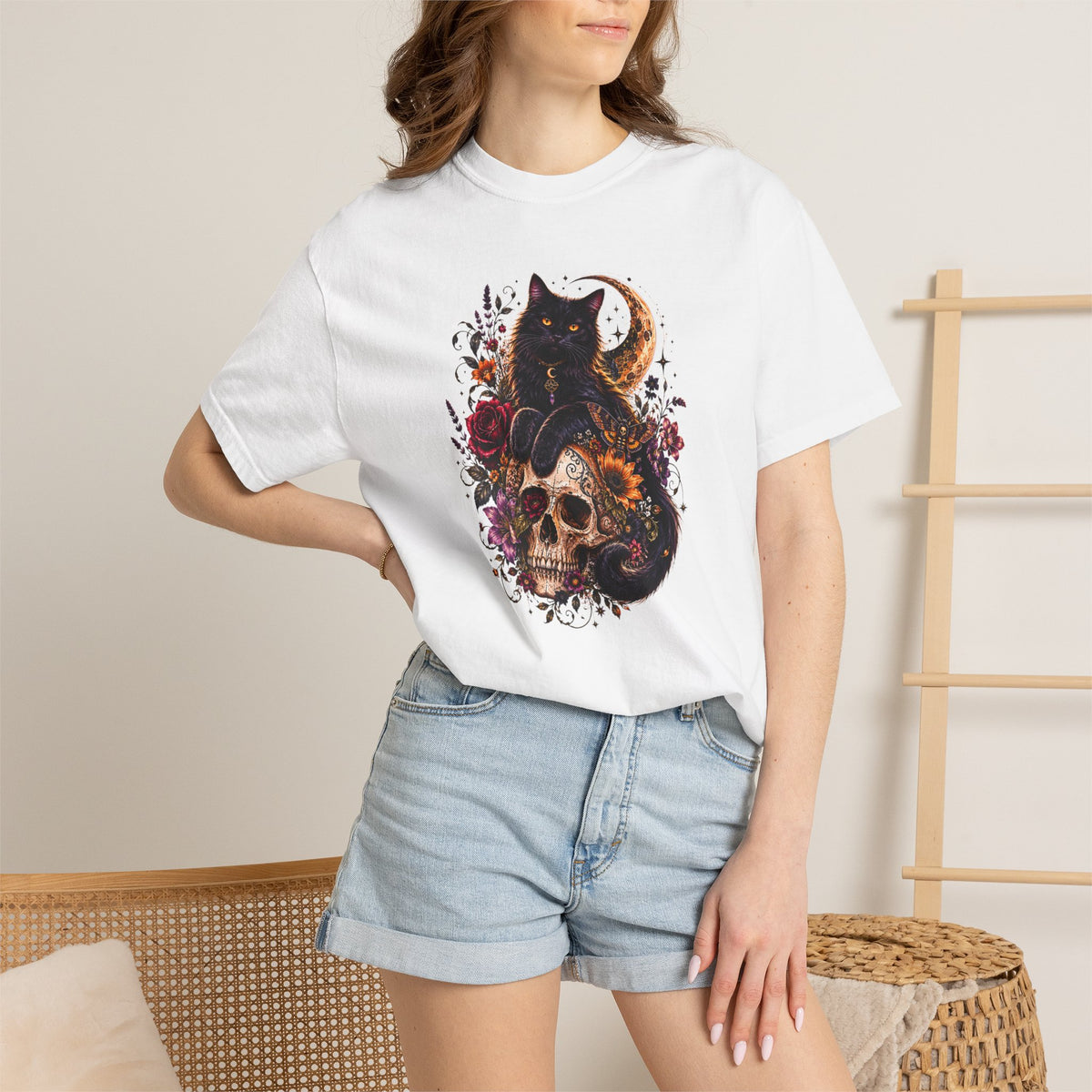 Cat & Skull Gothic T-Shirt — Black Cat Moon Floral Graphic Tee