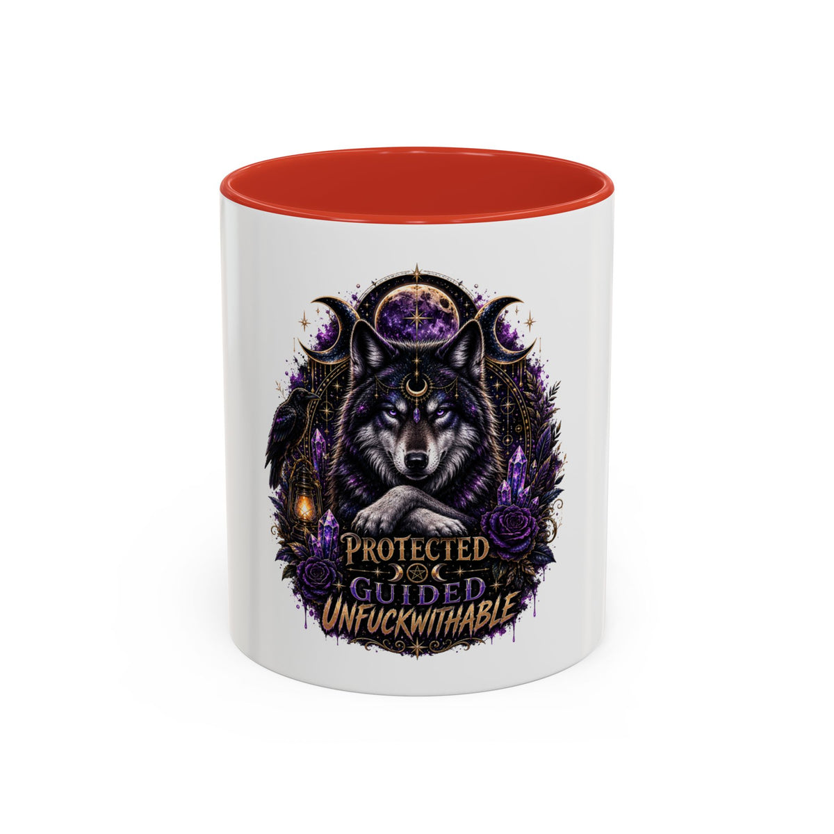 Protected, Guided & Unfuckwithable Wolf Coffee Mug — Spiritual Mystic Accent Mug (11/15oz)