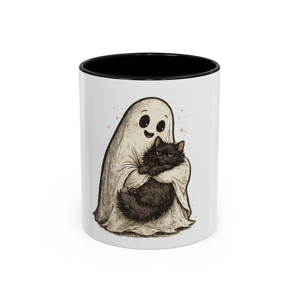 Ghost Hug Mug — Cute Ghost Holding Black Cat Accent Coffee Mug (11/15oz)