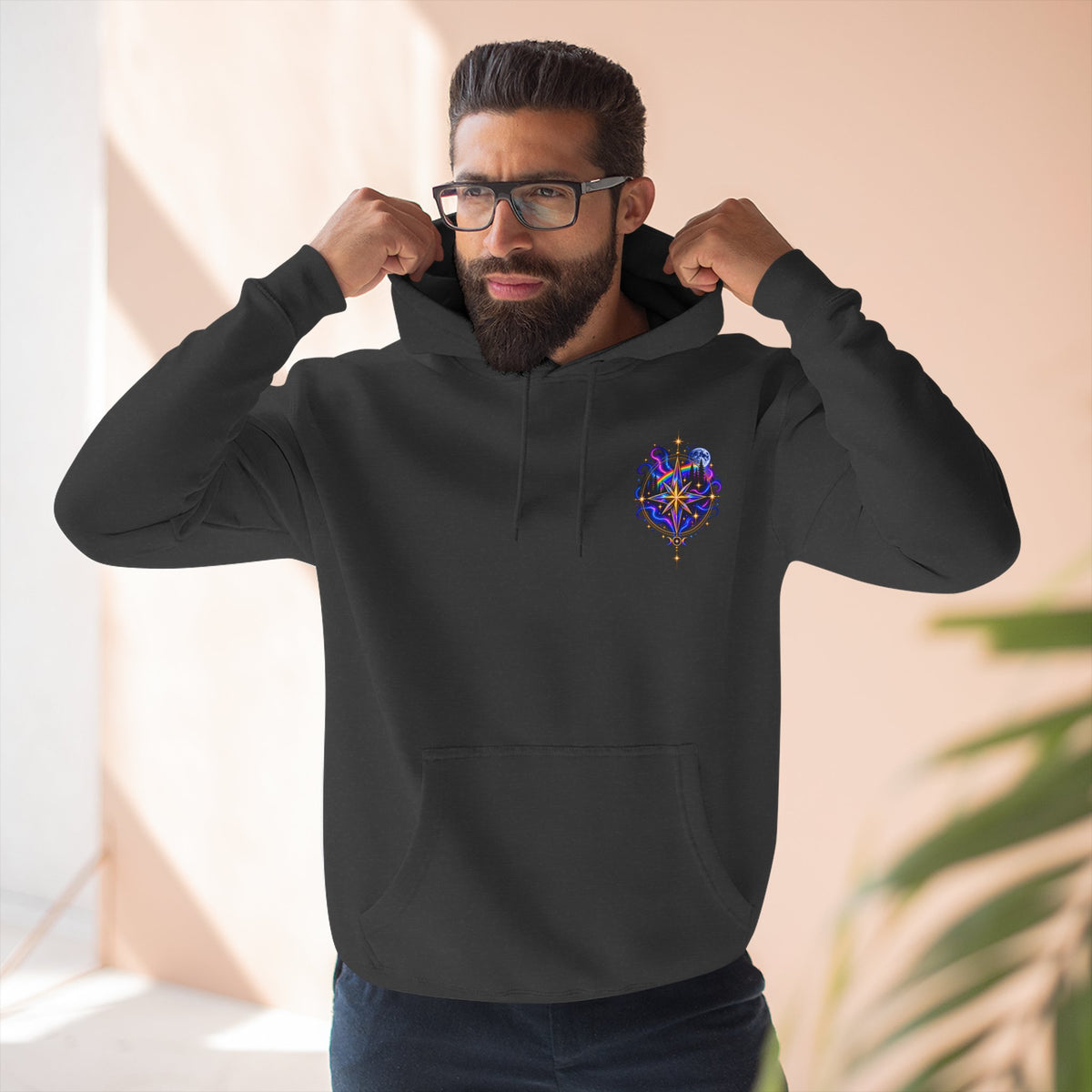 Guided by Light Bound toTruth Fleece Hoodie — Spiritual Galaxy Chest Emblem & Backscape Design