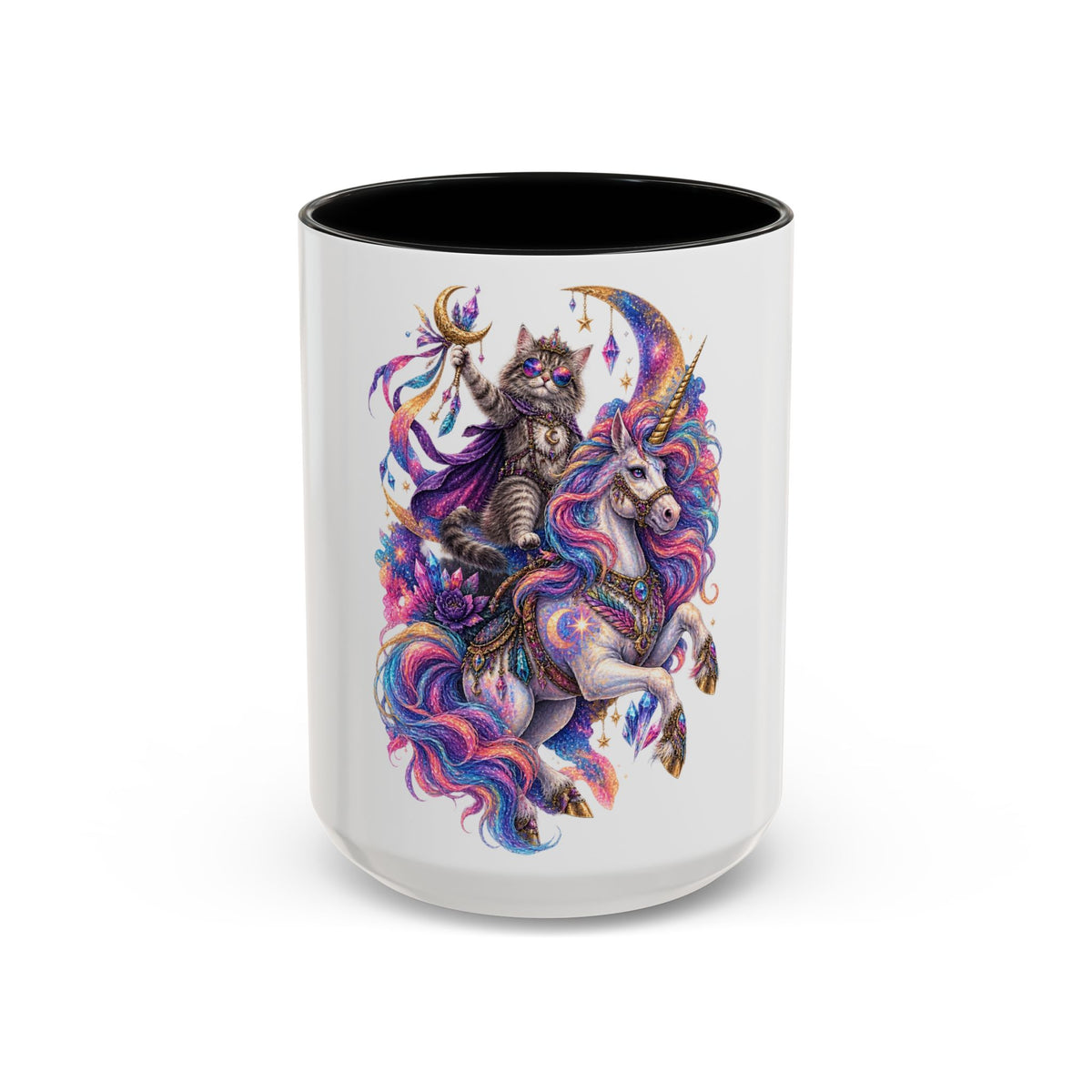 Magical Cat Knight on Unicorn Accent Coffee Mug — Colorful Fantasy 11/15oz