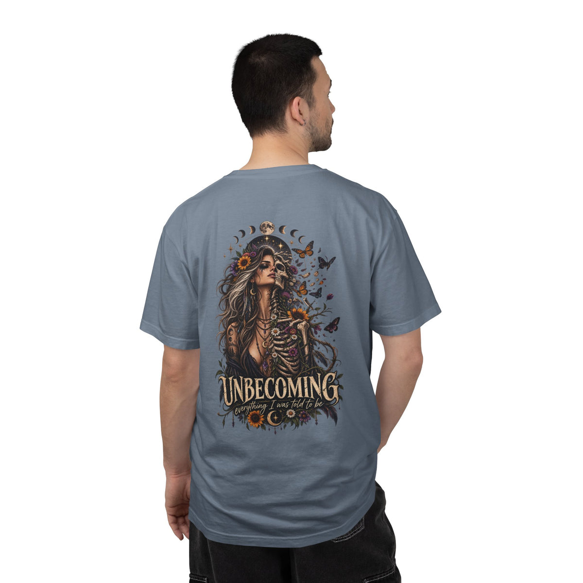 Unbecoming Gothic Moon T‑Shirt — Witchy Skeleton Art Tee
