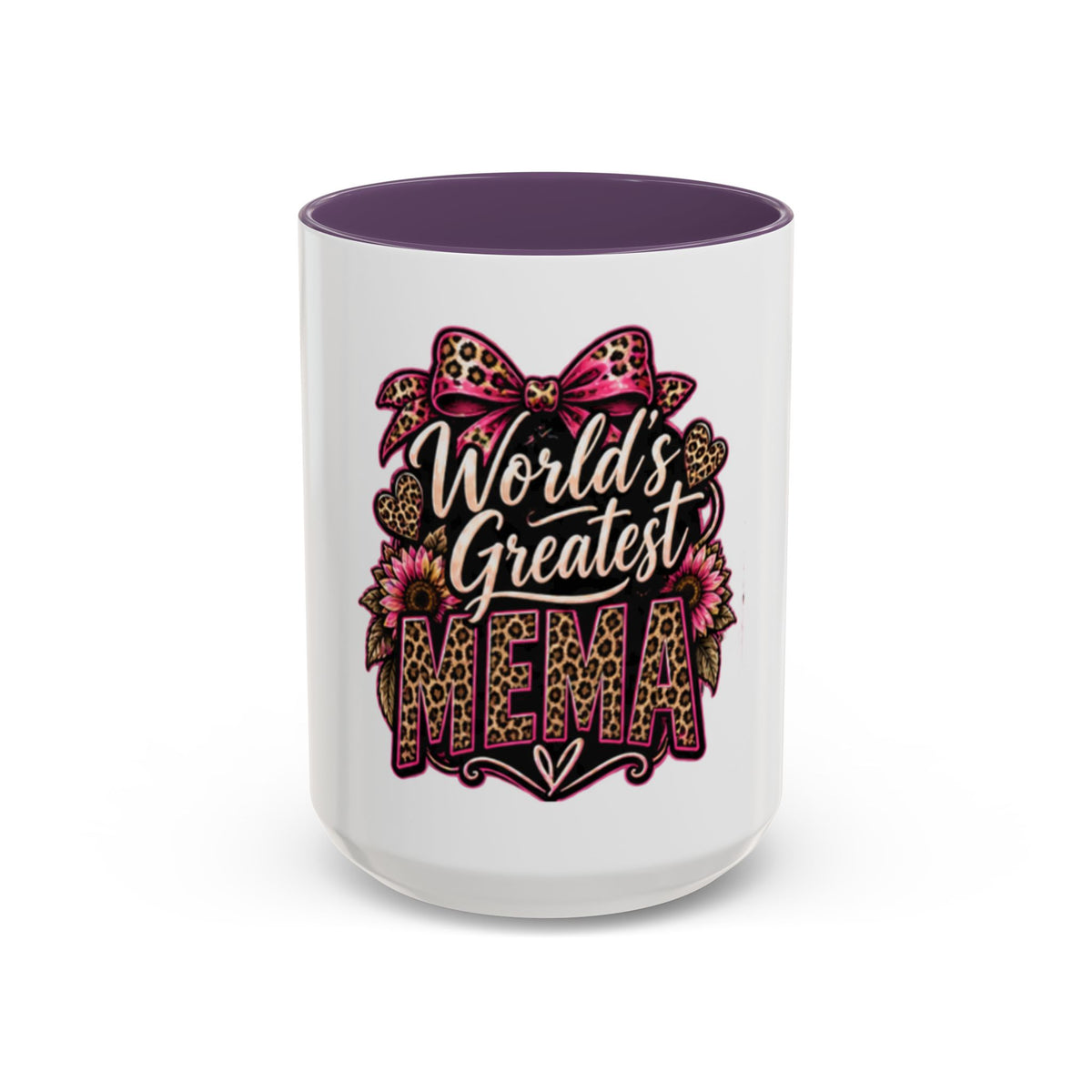 World's Greatest Mema Accent Coffee Mug – Leopard Pink Bow Gift for Grandma (11/15 oz)