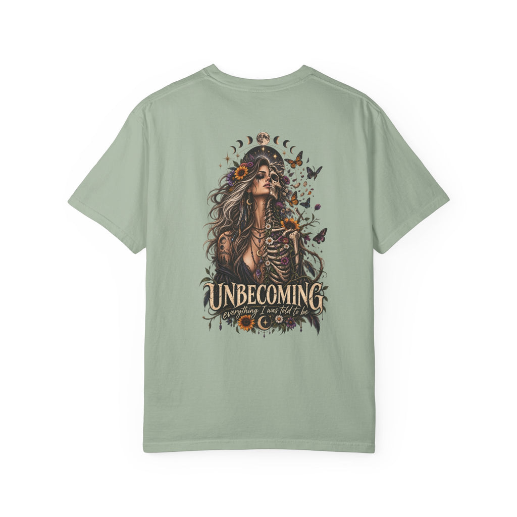 Unbecoming Gothic Moon T‑Shirt — Witchy Skeleton Art Tee
