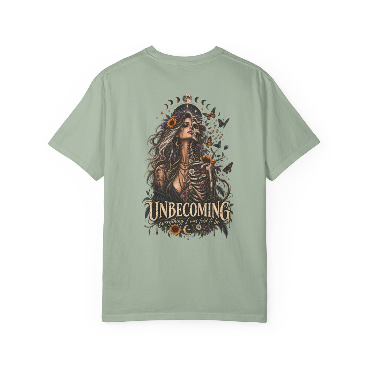 Unbecoming Gothic Moon T‑Shirt — Witchy Skeleton Art Tee