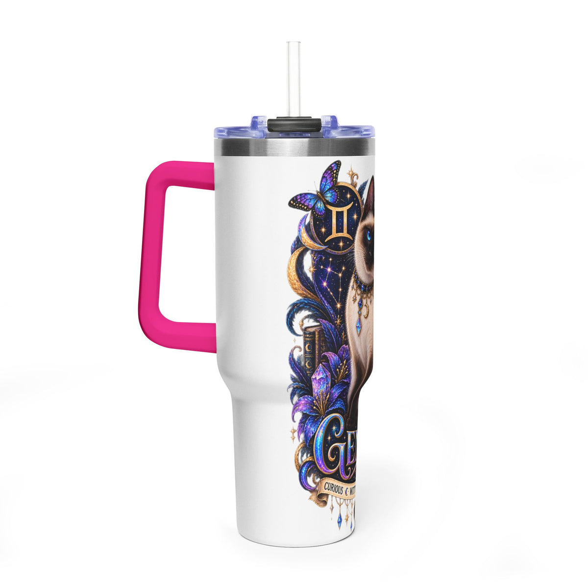 40oz Gemini Zodiac Tumbler — Siamese Cat Astrology Vacuum Thermal Cup
