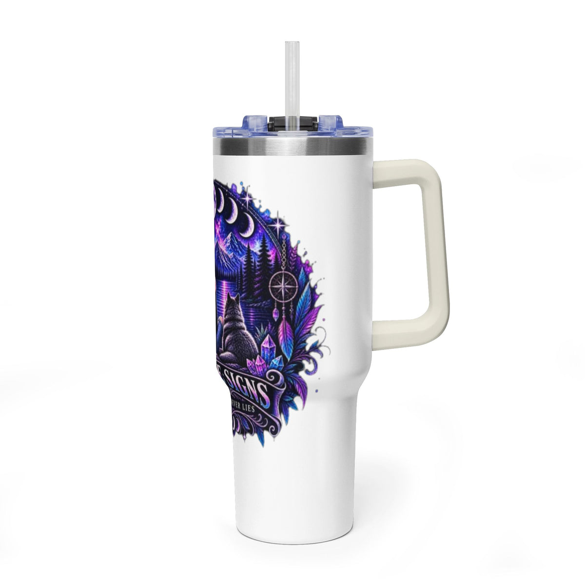 40oz Vacuum Tumbler – 'Trust the Signs' Moonlit Forest Design