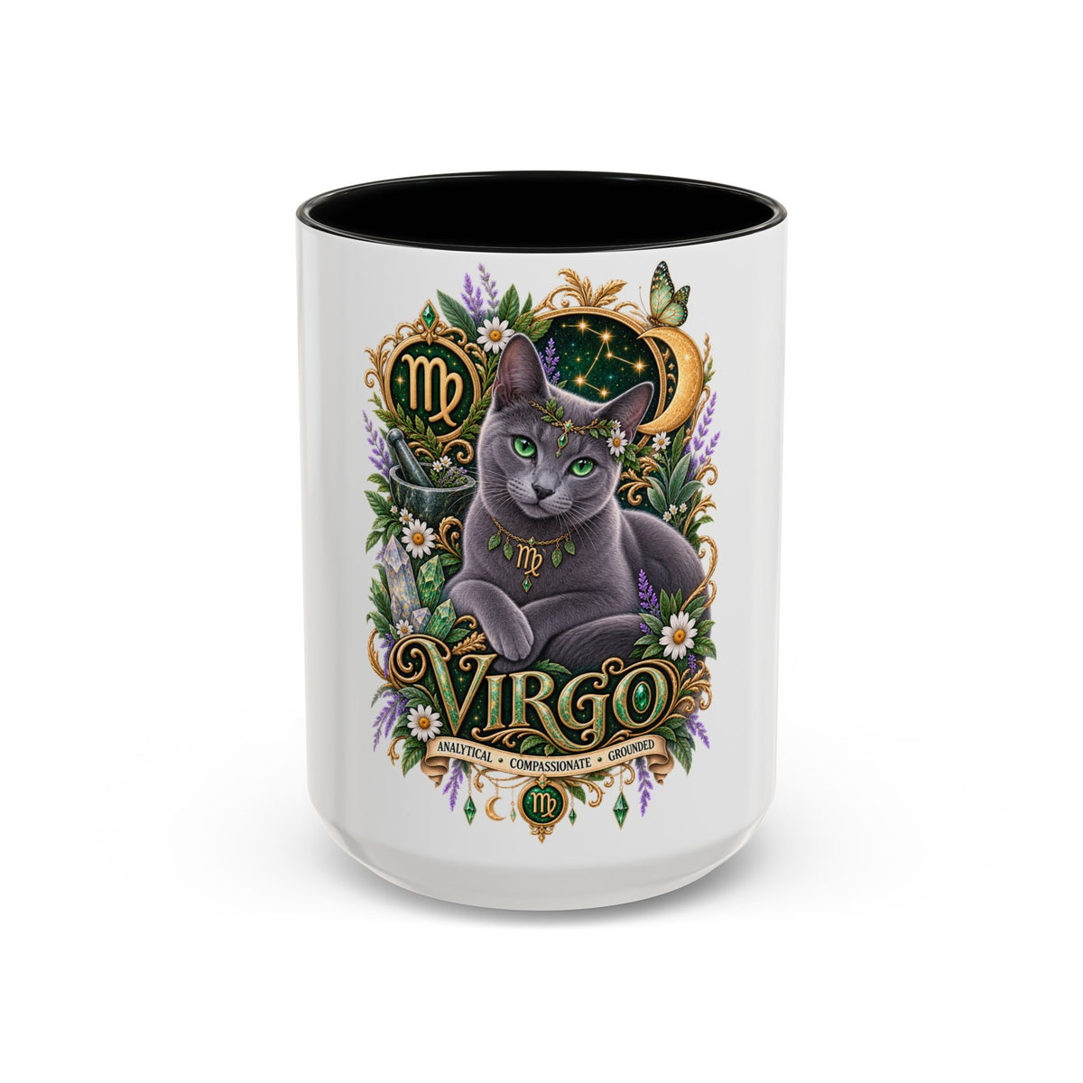 Virgo Russian Blue Cat Accent Coffee Mug — Zodiac Astrology Horoscope Gift (11/15 oz)