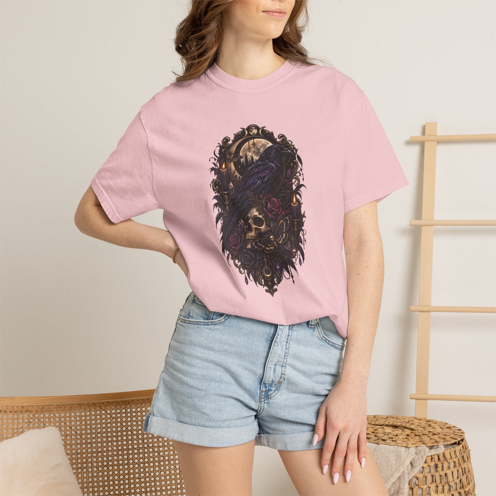 Skull & Crow Graphic Tee — Gothic Vintage Skull with Raven Design