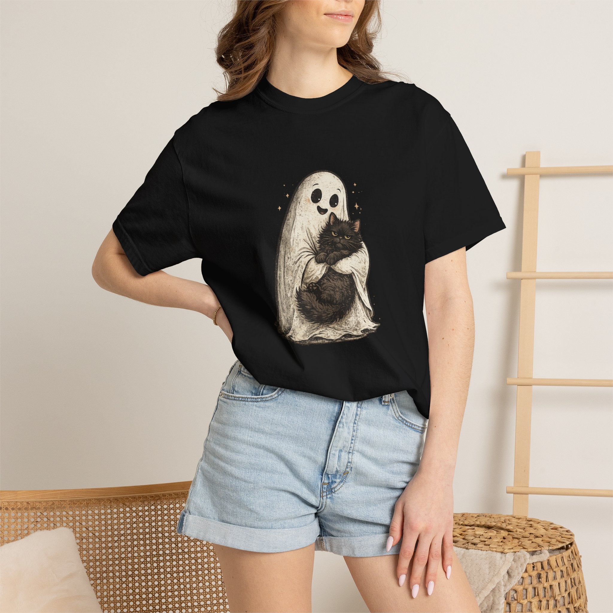 Boo & Meow Ghost Hugging Black Cat T-Shirt | Cute Spooky Tee