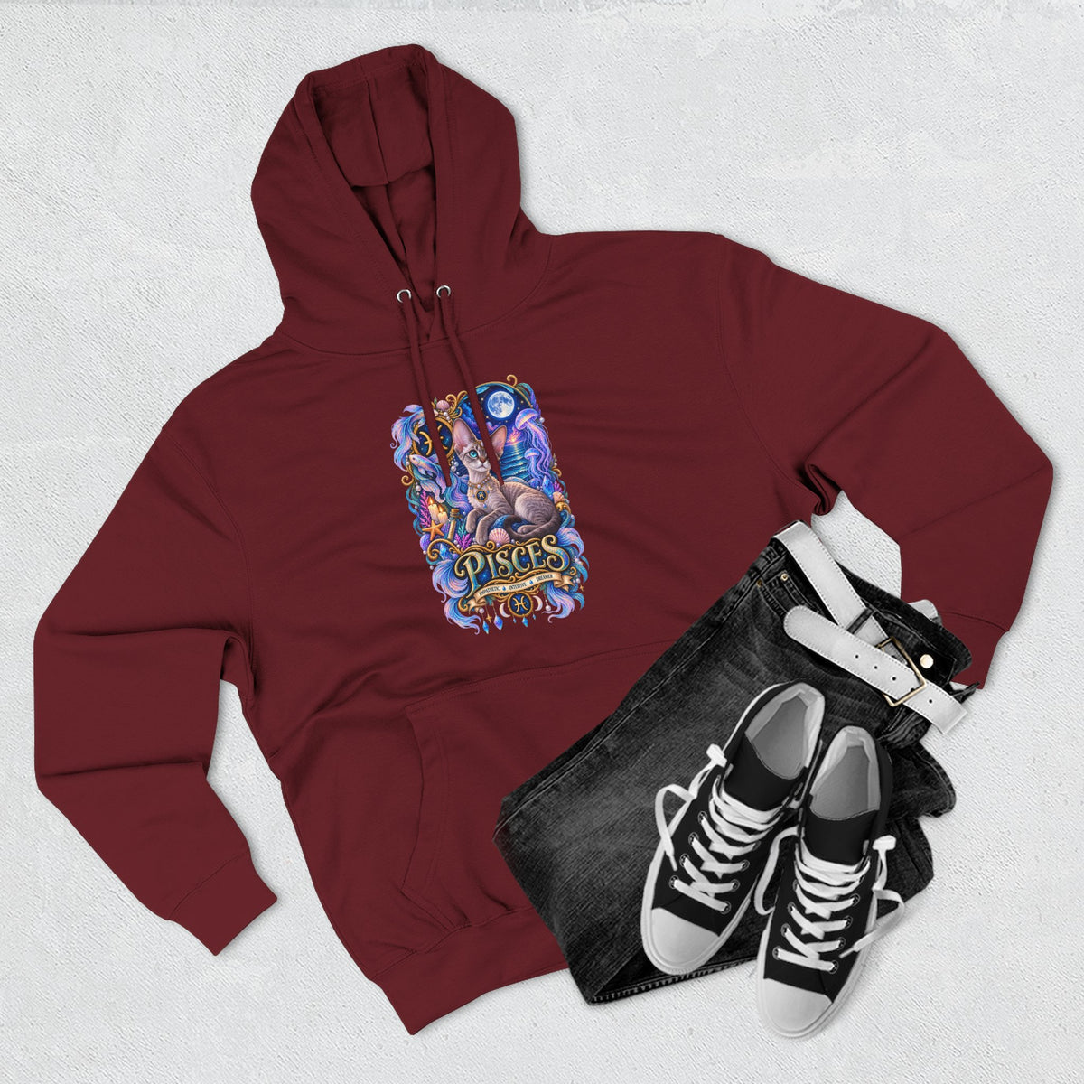Pisces Zodiac Devon Rex Cat Hoodie — Mystical Watercolor Fish Astrology Pullover