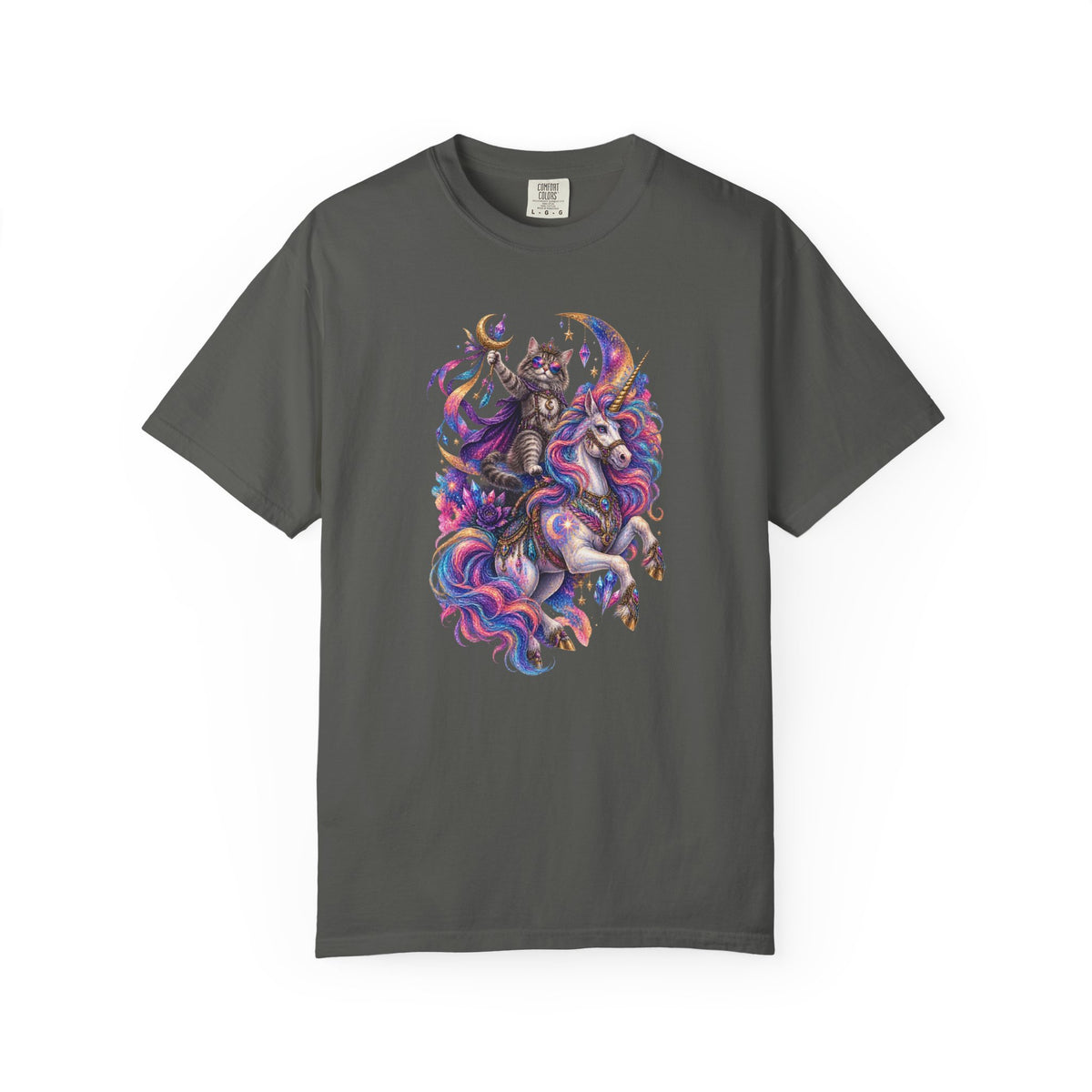 Cat Riding a Mystical Unicorn Horse Graphic T-Shirt — Colorful Cosmic Mane Art Tee