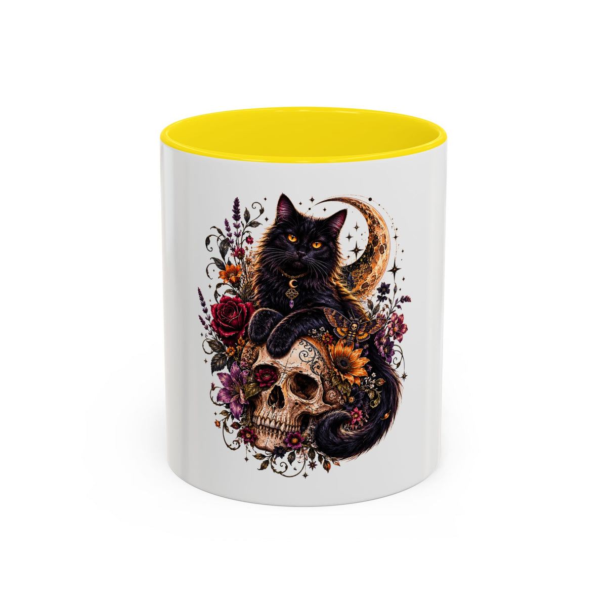 Cat & Skull Accent Coffee Mug — Gothic Black Cat Art Coffee Cup (11/15oz)