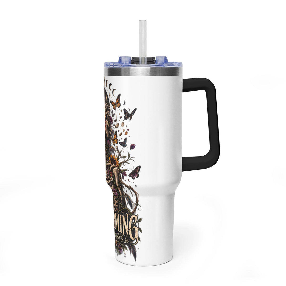 40oz Half human half skeleton Floral butterfly — "Unbecoming" Insulated Travel Cup