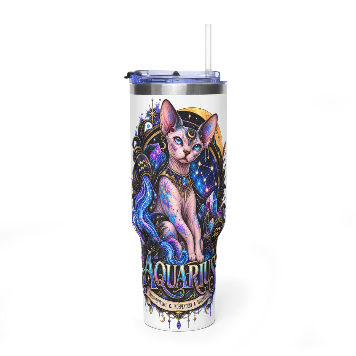 40oz Aquarius Zodiac Tumbler — Sphynx Cat Astrology Vacuum Thermal Cup