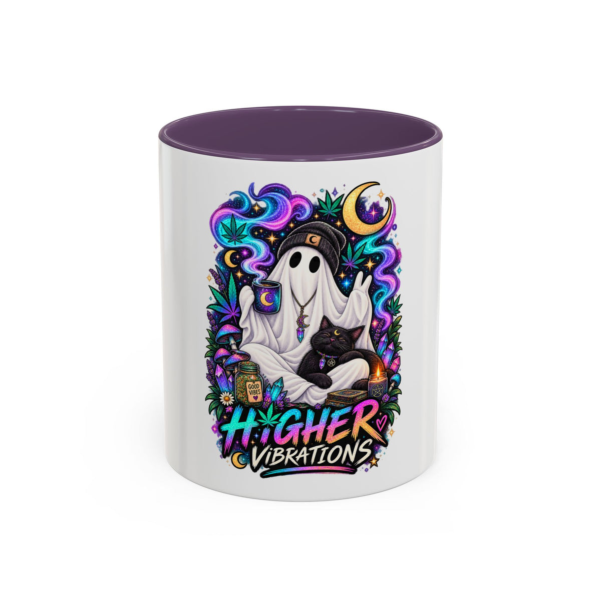 Higher Vibrations Coffee Mug — Cute Ghost & Cat Accent Mug (11/15 oz)
