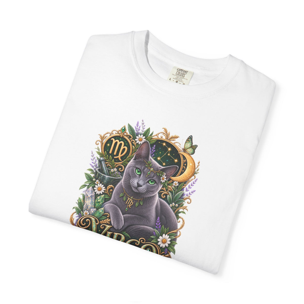 Virgo Cat Zodiac T-Shirt — Virgo Astrology Tee with Russian Blue & Floral Design