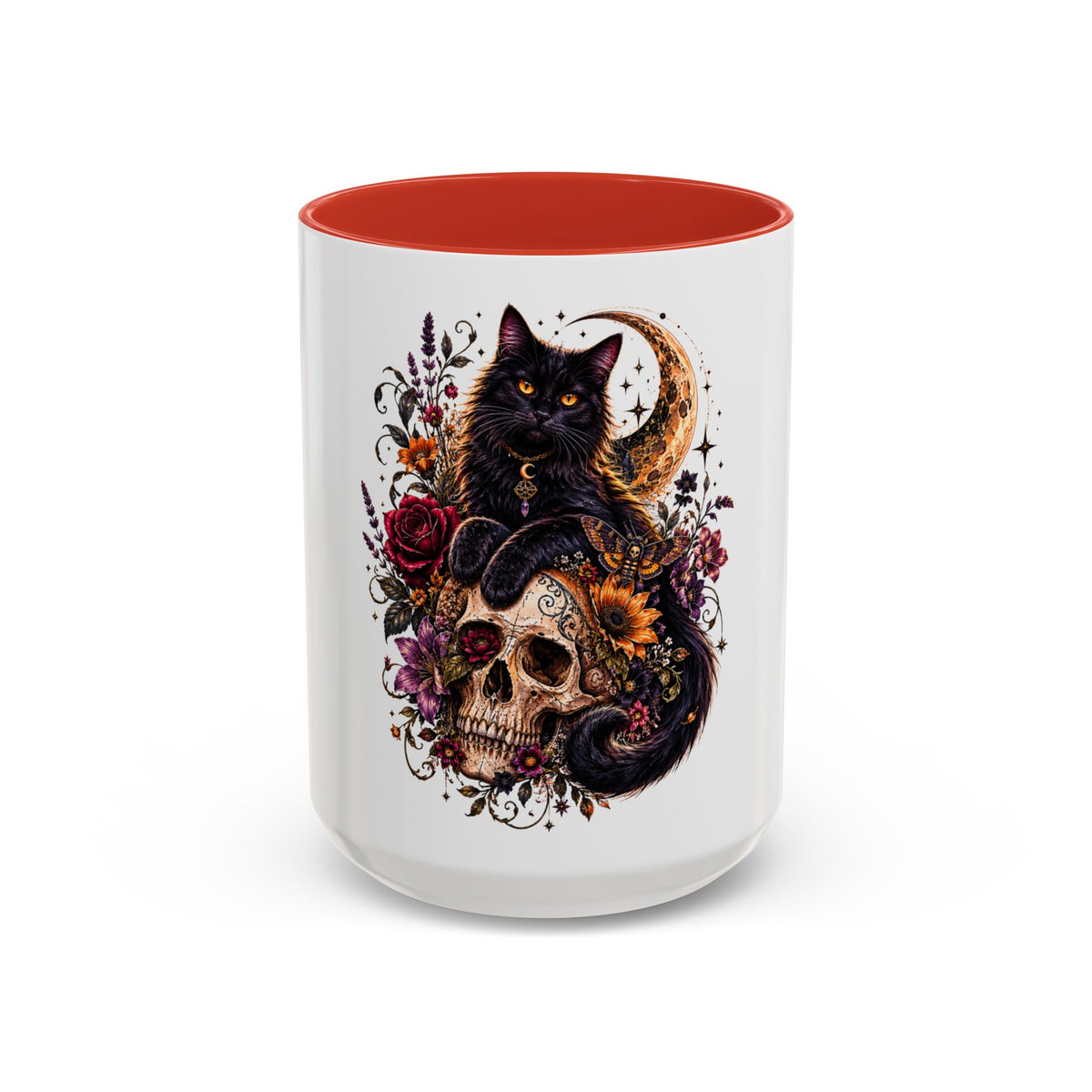 Cat & Skull Accent Coffee Mug — Gothic Black Cat Art Coffee Cup (11/15oz)
