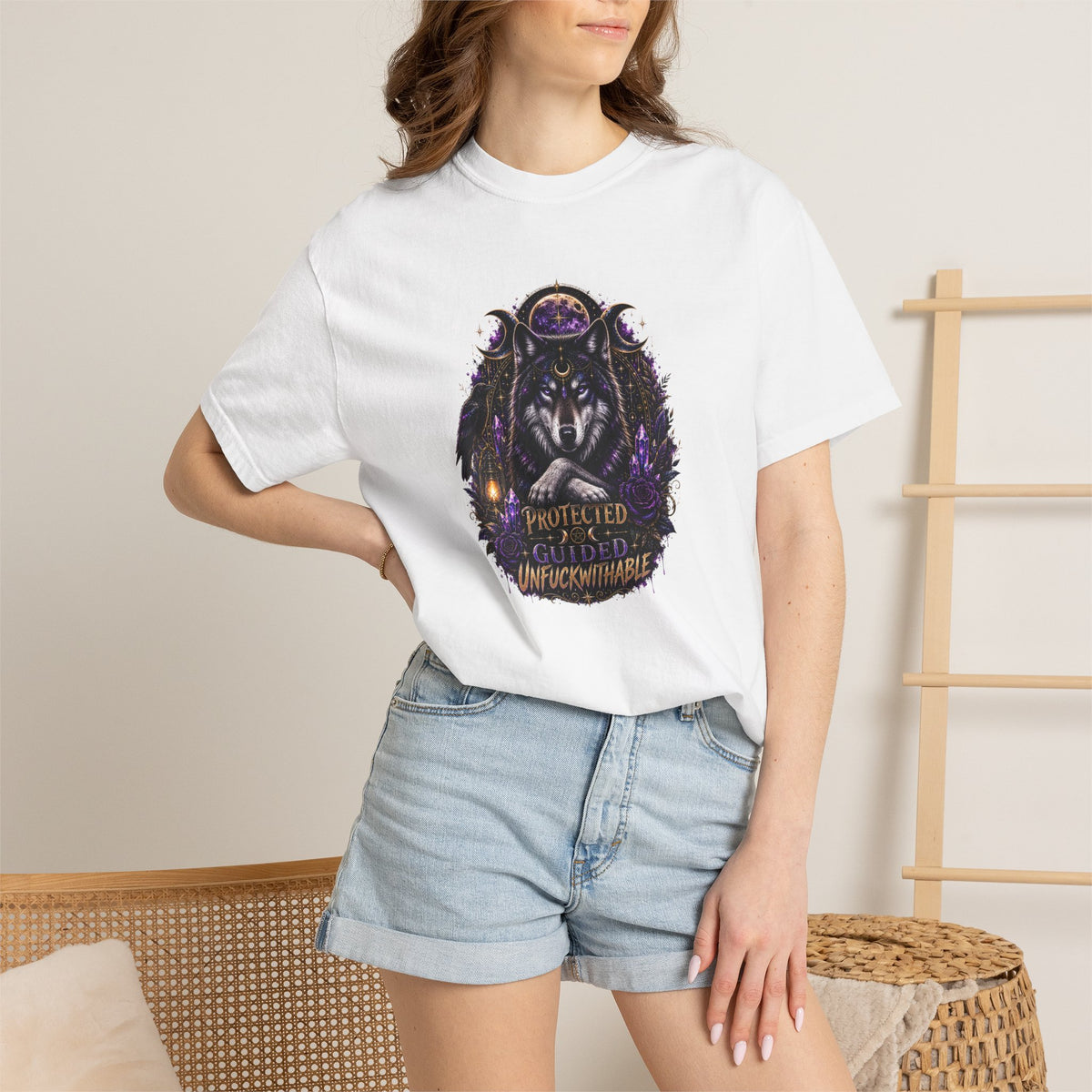 Protector Wolf T-Shirt — "Protected, Guided, Unfuckwithable" Spiritual Graphic Tee