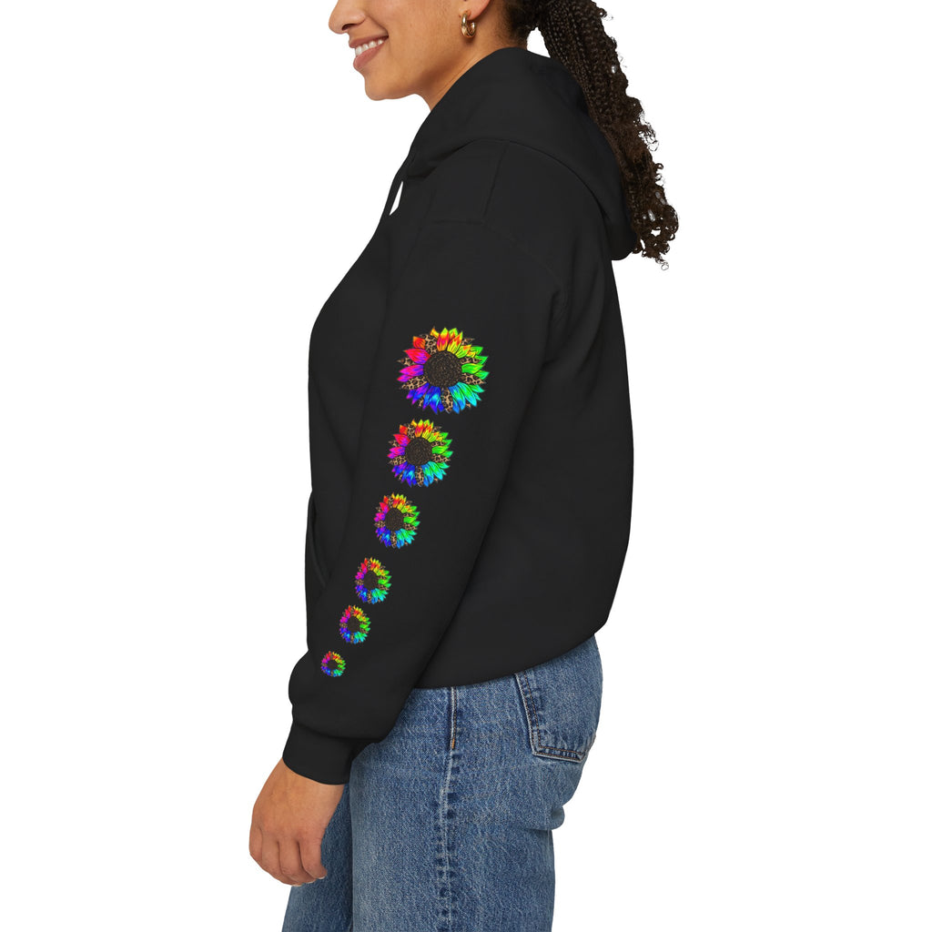 Inspirational Floral Hoodie – "Your Smile is Kind & Beautiful" Rainbow Sunflower Cozy Pullover