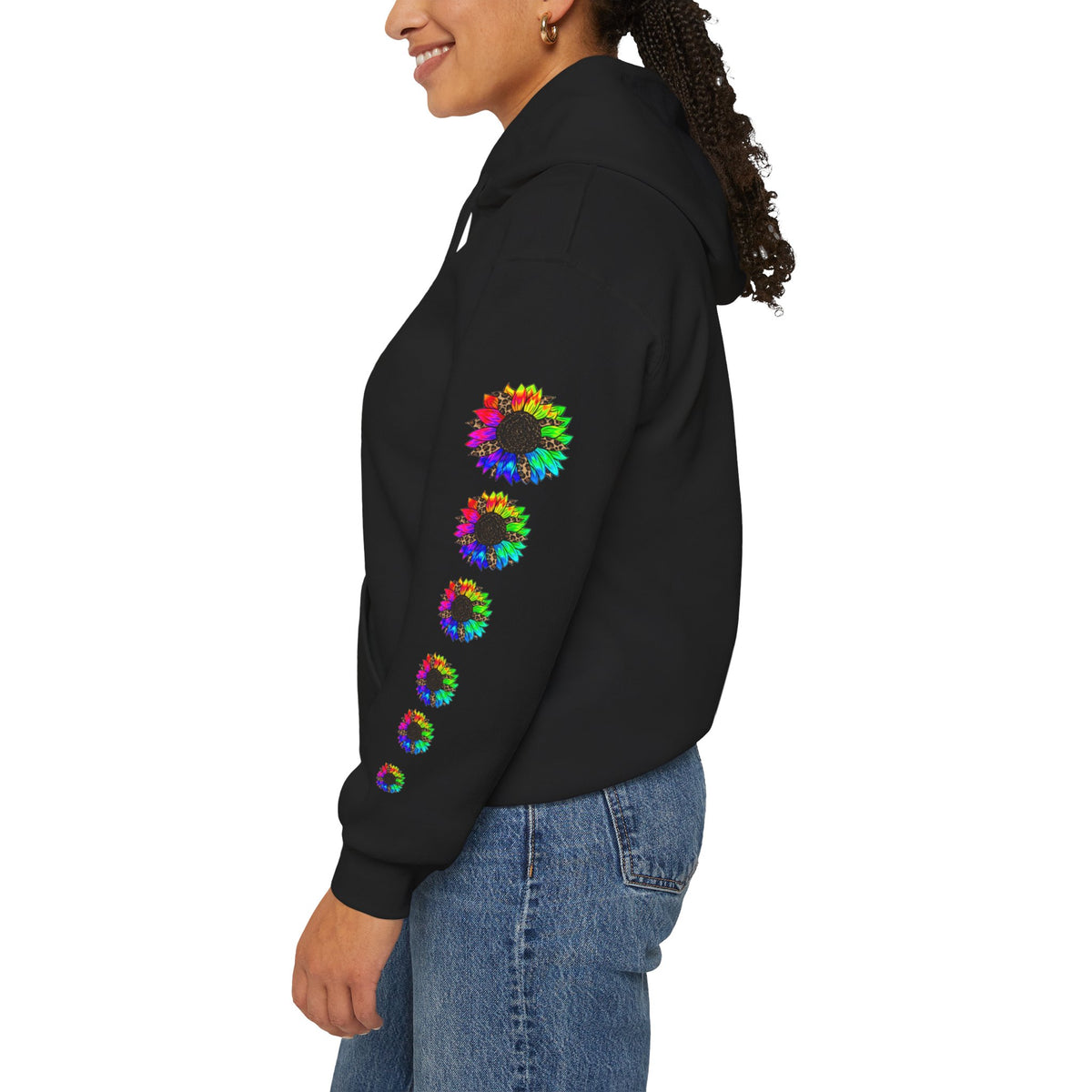 Inspirational Floral Hoodie – "Your Smile is Kind & Beautiful" Rainbow Sunflower Cozy Pullover