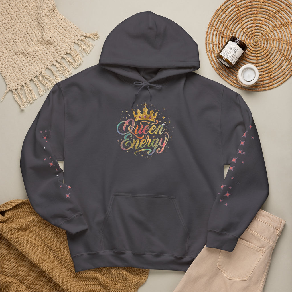 Queen Energy Hoodie — Feminine Crown Graphic Pullover with Star Sleeve Accents