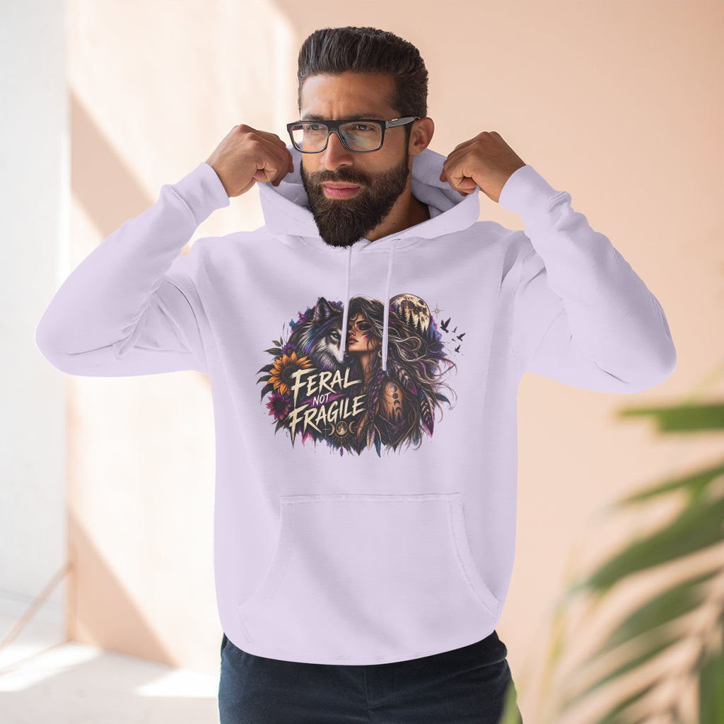 Feral Not Fragile Wolf & Woman Graphic Hoodie — Wildlife Fleece Pullover
