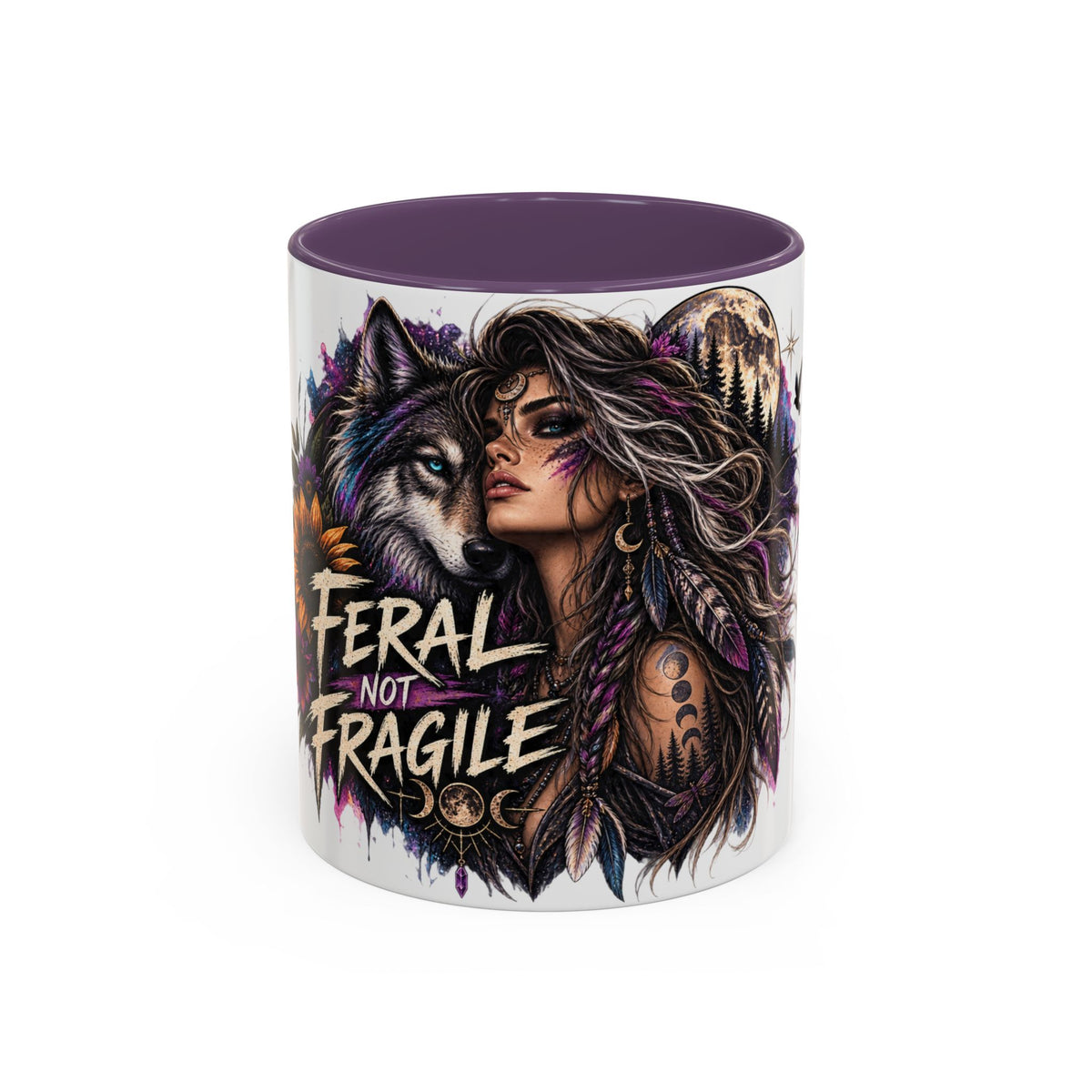 Feral Not Fragile Accent Coffee Mug — Wolf Goddess 11oz/15oz