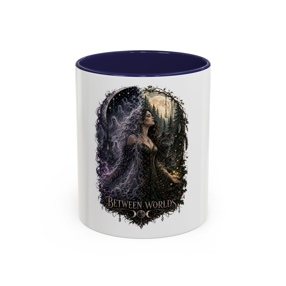 Between Worlds Accent Coffee Mug — Gothic Fantasy Witch Illustration (11/15oz)