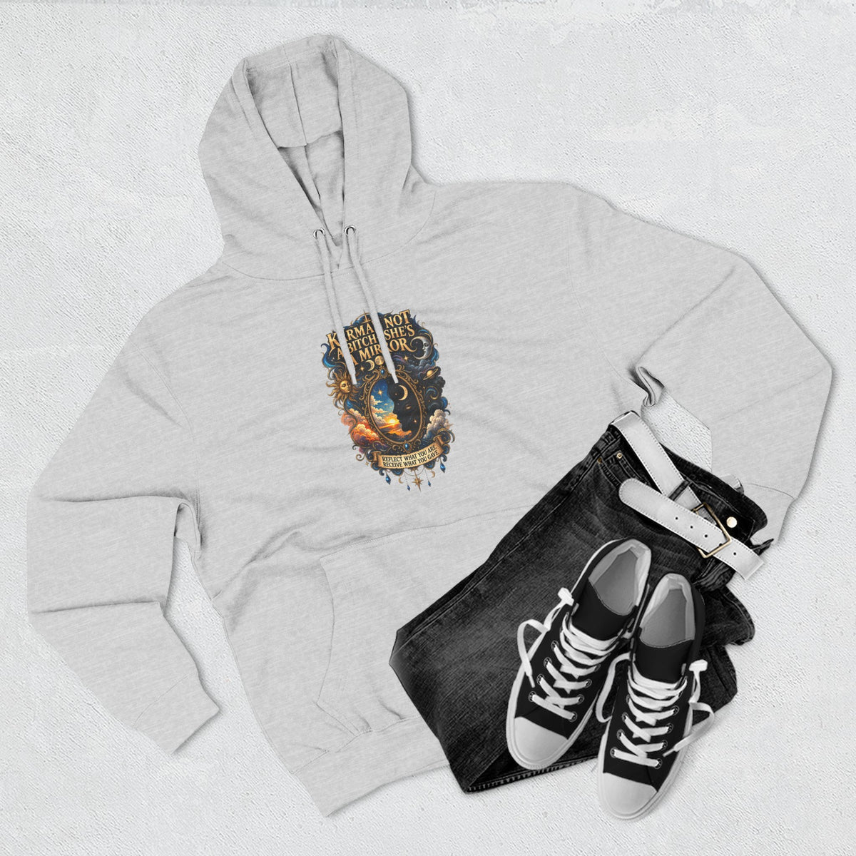 "Karma's not a Bitch she's a Mirror" Hoodie — Spiritual Boho Graphic Pullover